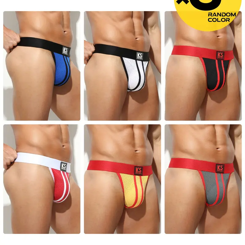2/3/4 Pcs Random Men's Solid Color Sports Thong Briefs, Athletic Underwear, Workout Underwear, Sporty Underwear, Mesh Breathable High Elastic, T-back Design, Suitable for Fitness Home Daily Wear