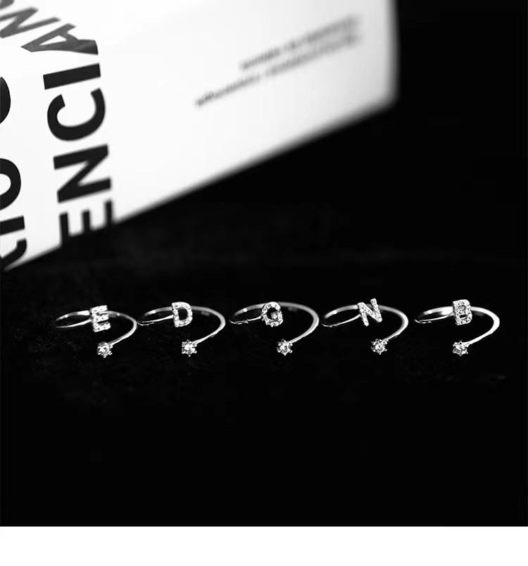 Silver Initial Letter Open Ring Set, Dainty CZ Adjustable Stackable Rings for Women