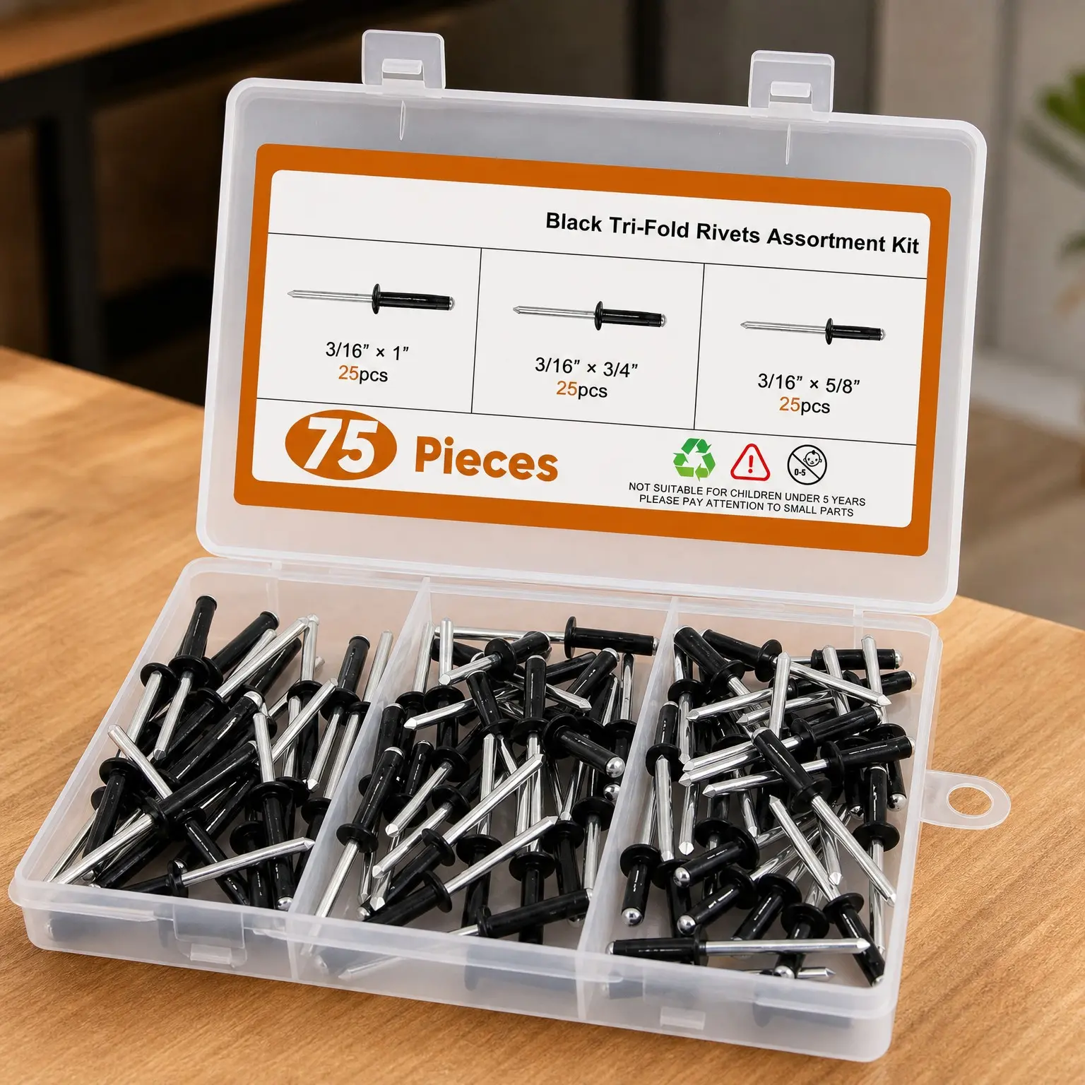 3/16" x 5/8"-3/4"-1" Tri-Fold Rivets Assortment - 75Pcs, Black Solid Aluminum Exploding Pop Rivets, Tri Grip Bulb Style for Kayak Marine BoatGift