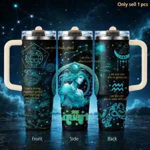 Celestial Constellation 40oz Vacuum Insulated Tumbler with Handle & Straw Lid, Starry Night Stainless Steel Insulated Travel Cup for Water, Iced Coffee, Office, Gym, Road Trip, Car Holder, Astrology Gift