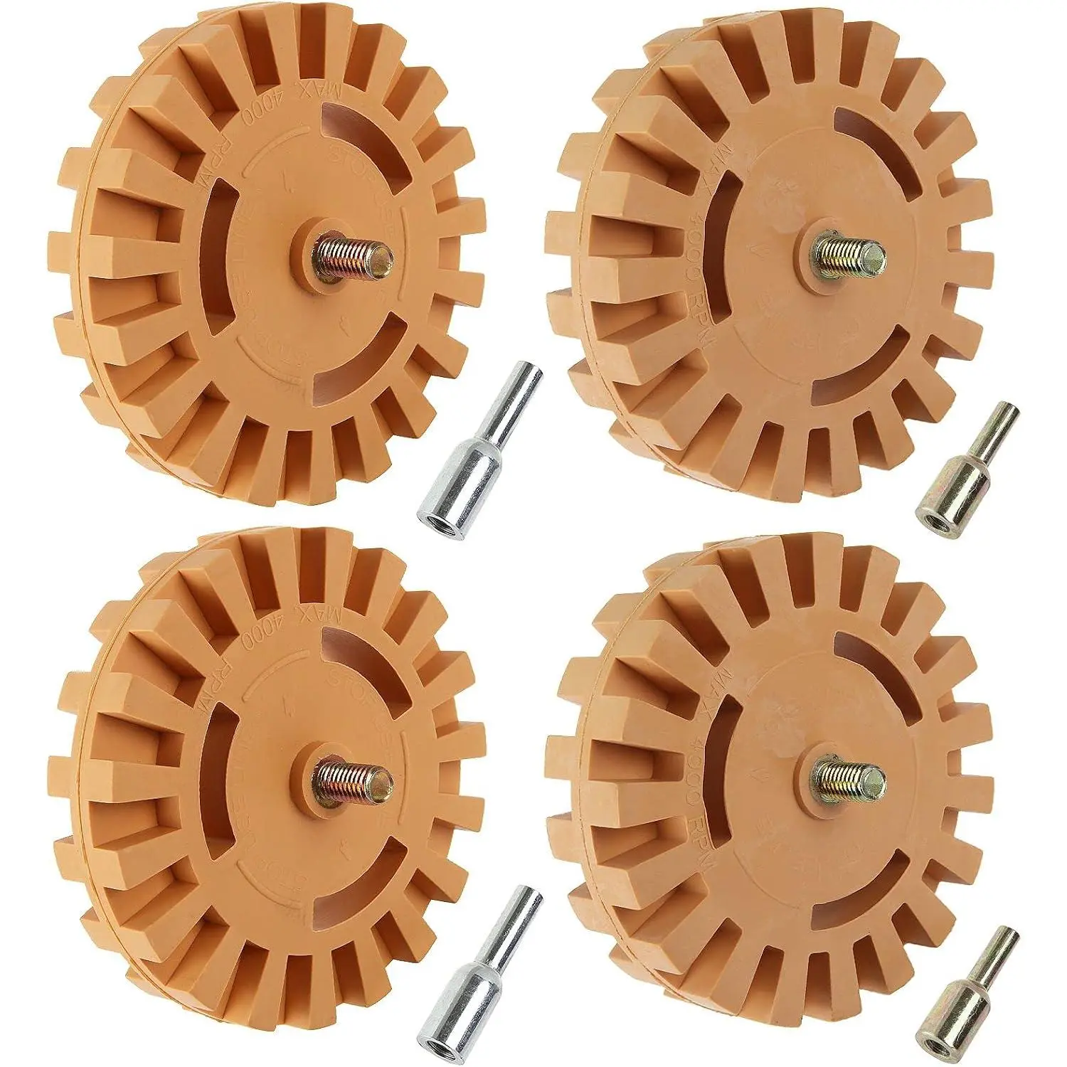 Synthetic Soft Rubber Adhesive Erasing Wheel Set (Model 1, 4-Count), 4in Power Drill Attachment with Drill Adapter for Automotive RV Decal Removal, Decals Removal