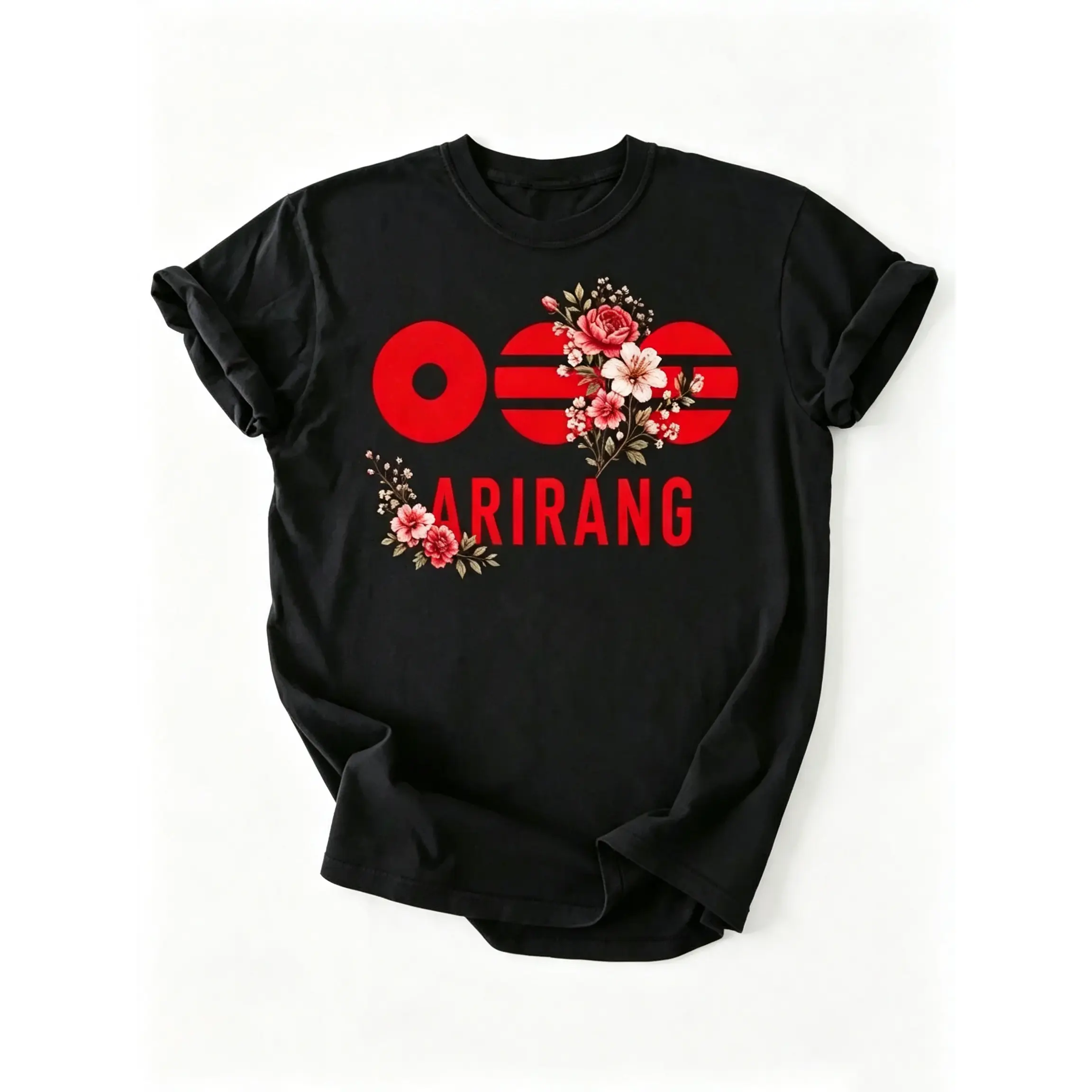 Arirang Floral Graphic Tee, Traditional Korean Inspired Casual Shirt, Red Flower Print Top, Unique Cultural Apparel graphic tees