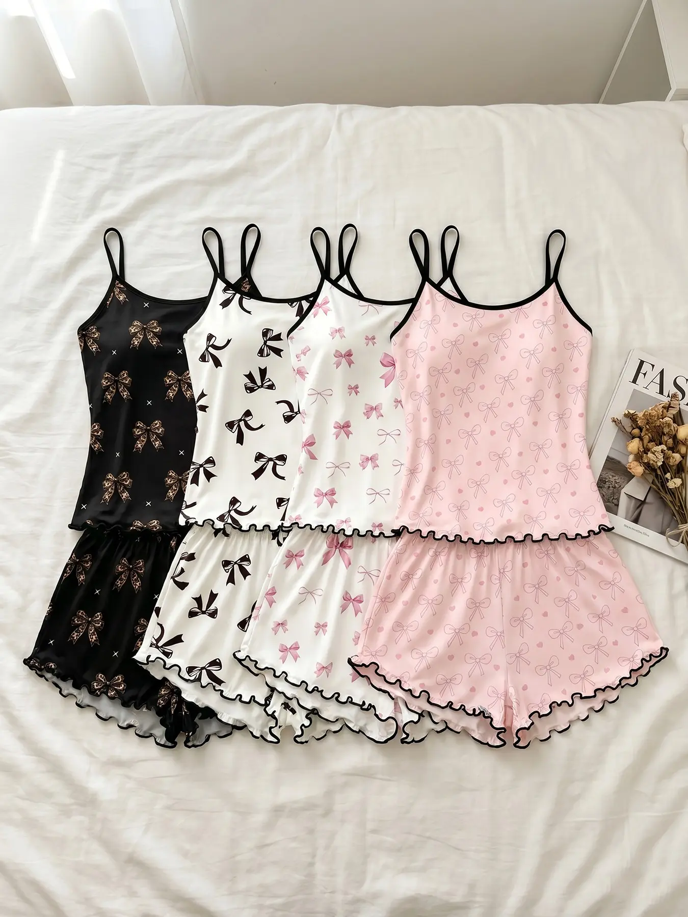 Women 4‑Pack Cami Top And Shorts Pajama Set, Wearable For All Seasons, Assorted delicate bow graphic prints, wavy hem shorts, girly home outfit for pal meet‑ups and soft vibe‑music leisure