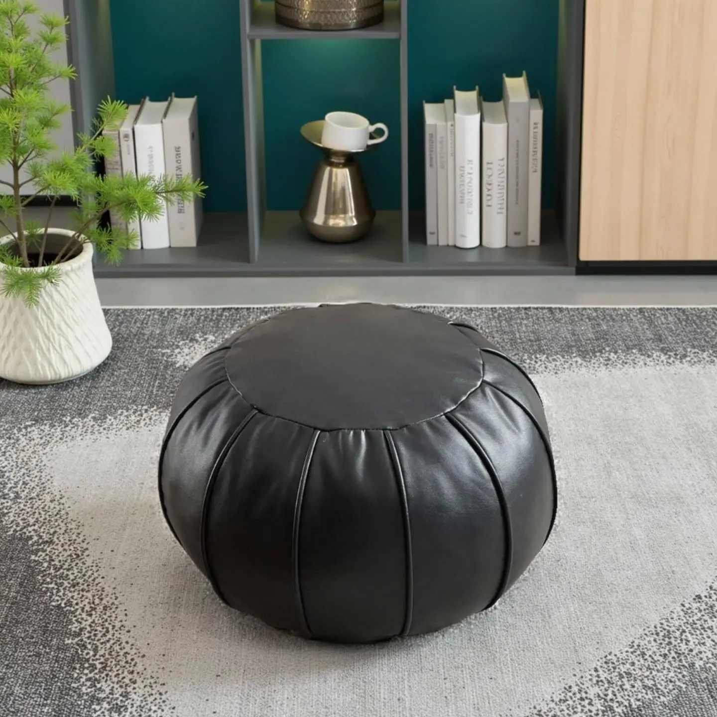 Round Unstuffed Faux Leather Pouf Ottoman Cover, Portable Indoor Outdoor Foot Rest Cover with Invisible Zipper, Sturdy Footstool Cushion Case for Home Patio Balcony Daily Use, Cover Only