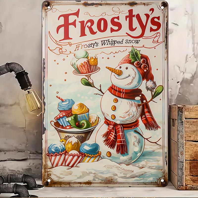 Retro Christmas Snowman Metal Tin Sign - 8x12 Inch Vintage Wall Decor with Whipped Snow & Candy Cane, Perfect for Home, Bar, Coffee Shop, or Holiday Gift, Home Decor Sign | Whimsical Snowman Design | Durable Metal Sign, Christmas Decorations, 2D Flat