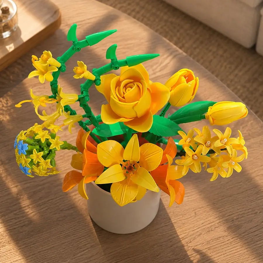 Tulip Lily Rose Block Flower Bouquet DIY Creative Desktop Decor, Valentine's Day Gift for Girlfriend, No Vase Included