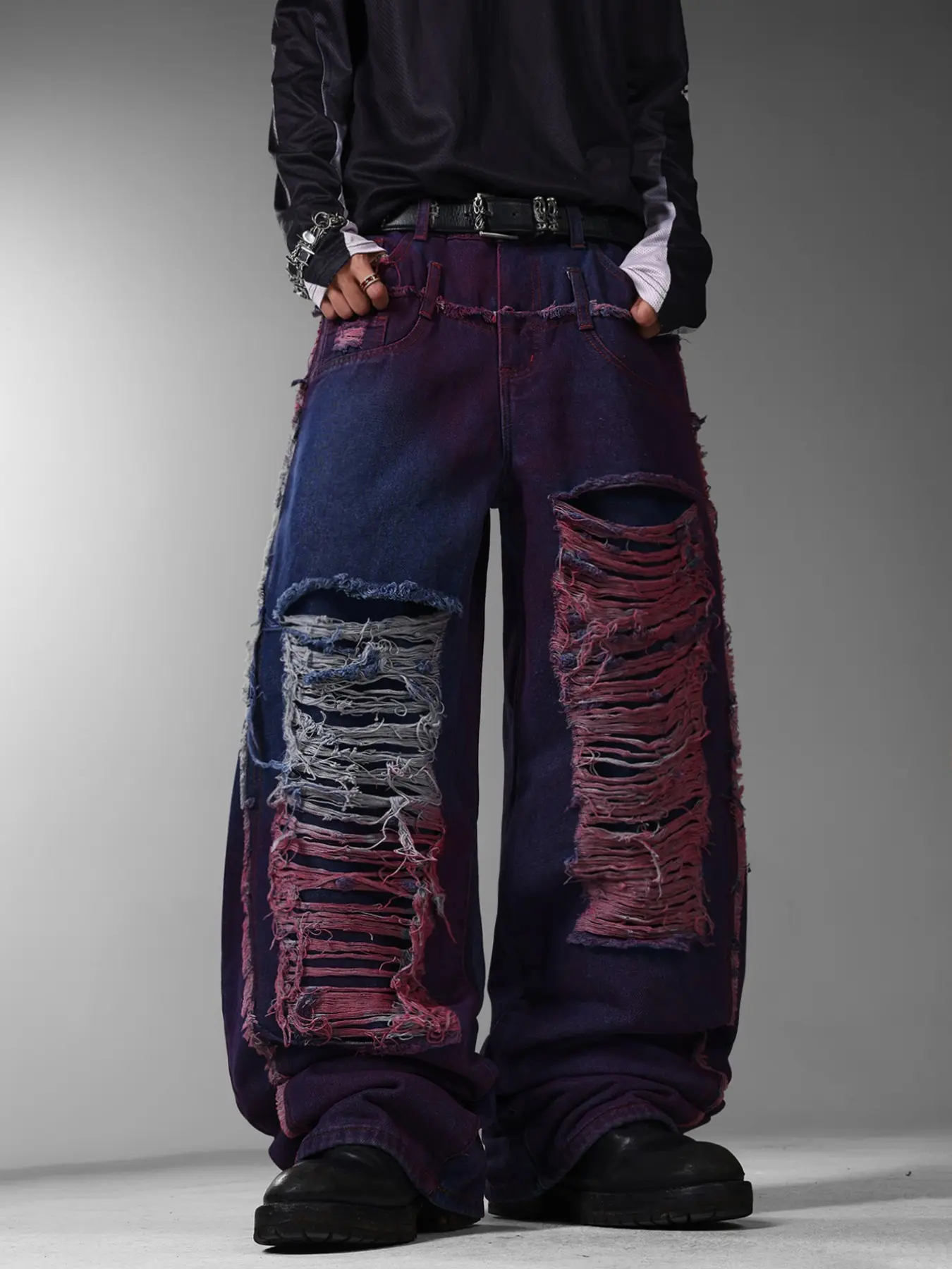 Men's Jean Pants, Subculture Streetwear Trendy Colorblock Ripped Wide Leg Jeans, Washed Vintage Frayed Edge Design, Loose Fit Straight Leg Long Pants