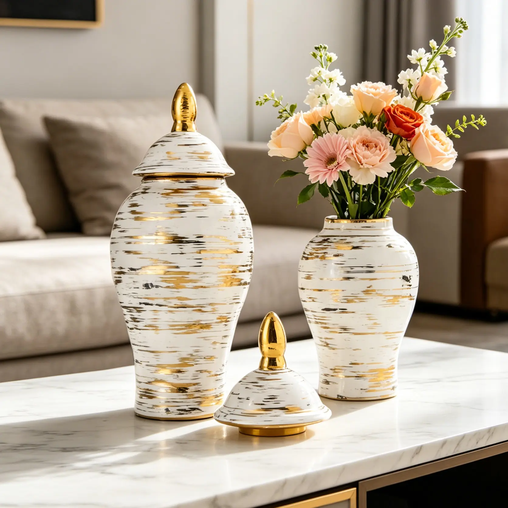 Modern Luxury Ceramic Ginger Jar Vase, and Gold Antique Porcelain Decor, Elegant Desktop Centerpiece for Living Room, Entryway, Bedroom, Decorative Vase
