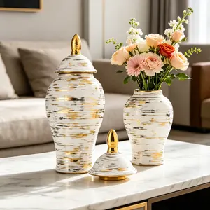 Modern Luxury Ceramic Ginger Jar Vase, and Gold Antique Porcelain Decor, Elegant Desktop Centerpiece for Living Room, Entryway, Bedroom