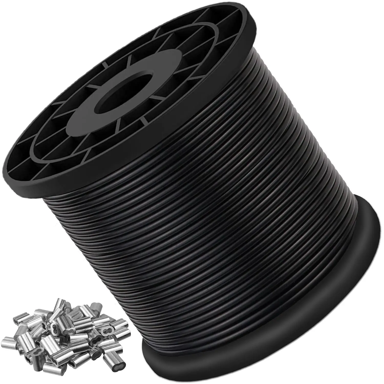 Vinyl Coated Wire Rope 304 Stainless Steel Coated Wire Cable-Black, 1/16" OD to 3/32" x 200FT, with 60 Pcs Crimping Sleeves-Cable for String Lights, Suitable for Clotheslines