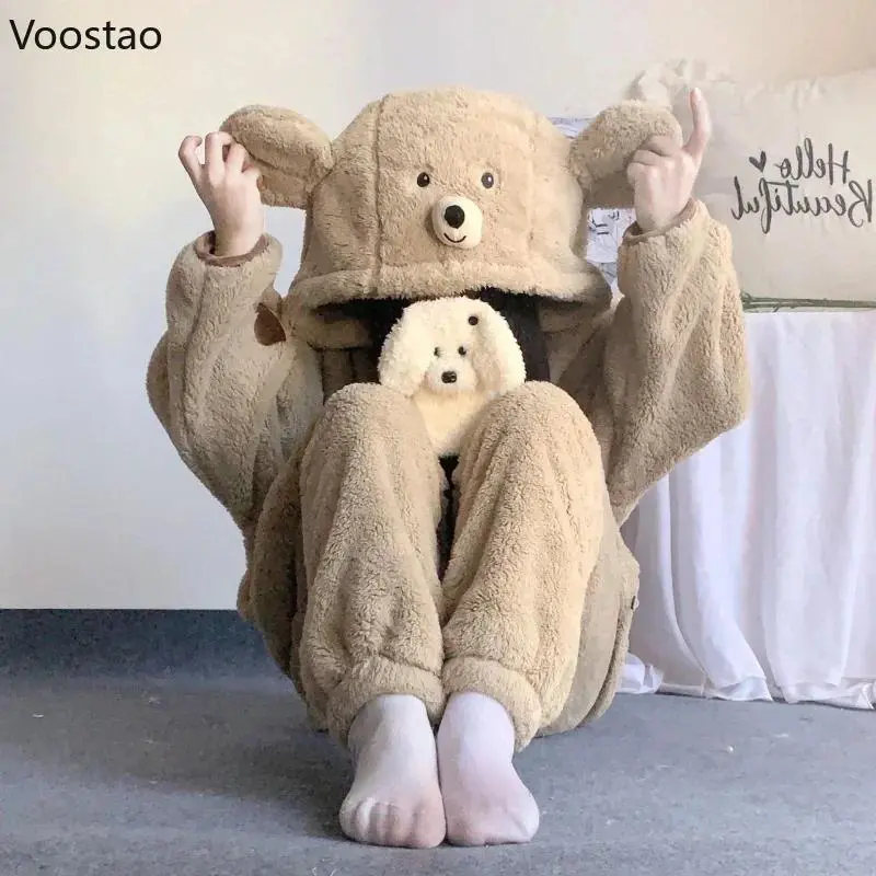 Autumn Winter Cute Bear Ears Coral Fleece Hooded Pajama Sets Women Sweet Kawaii Warm Homewear Girls Lounge Sleepwear 2PC Set