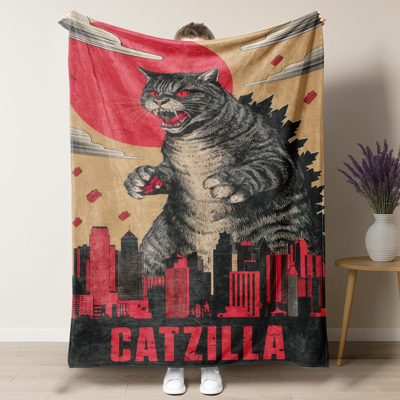 Pugzilla Catzilla "Godzilla" Meme Flannel Blanket,Viral Must-Have Retro Kaiju Monster Pug Throw Blanket,Super Soft Cozy Blanket for Pug Lovers,Trendy Retro Movie Themed Home Decor