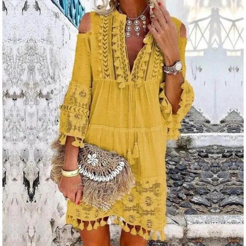 New Spring Embroidered Crochet Lace Bohemian Dress Women's Elegant Off Shoulder Tassel Ruffle Mini Dress Summer V-neck Women's Beach Dress Elegant Casual Women's Dress