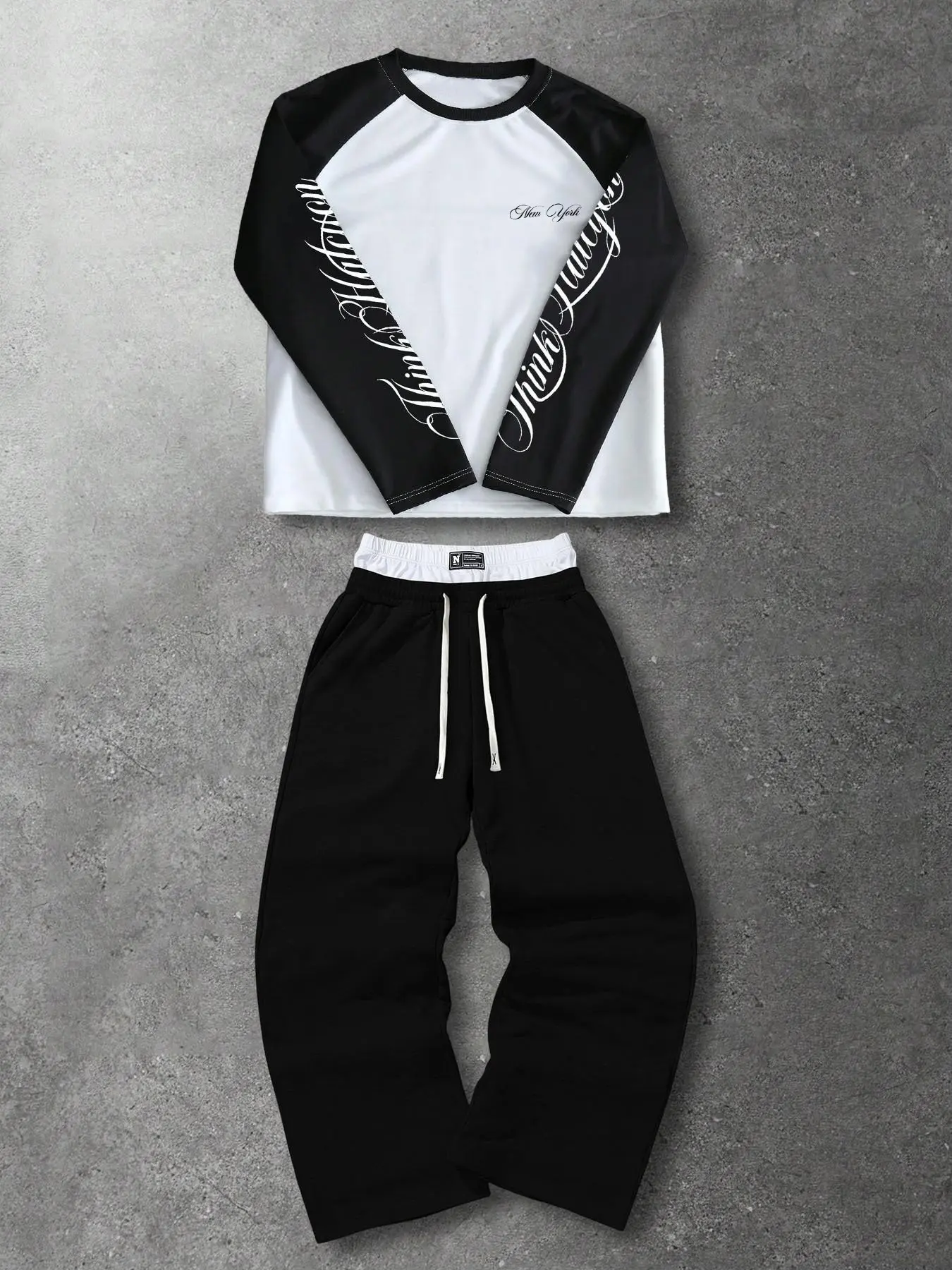Viral Y2K Streetwear Two Piece Matching Set Spliced Raglan Long Sleeve Crew Neck Top With Chest Mini Graphic & Sleeve Script Print Soft Quick Dry Anti-Pilling Easy Care Athleisure Tracksuit Drawstring Waist Pants For Weekend Shopping Gym Workout Road Trip