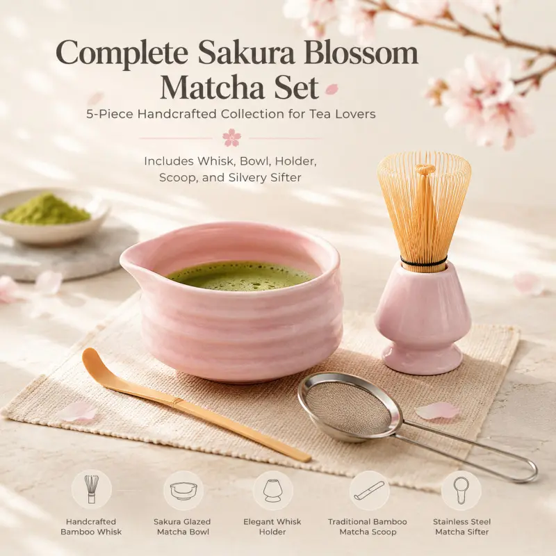 Complete 5-Piece Sakura Blossom Matcha Set - Handcrafted Pink Glazed Ceremonial Matcha Kit with Bamboo Whisk, Bowl, Holder, Scoop & Sifter for Matcha Lovers