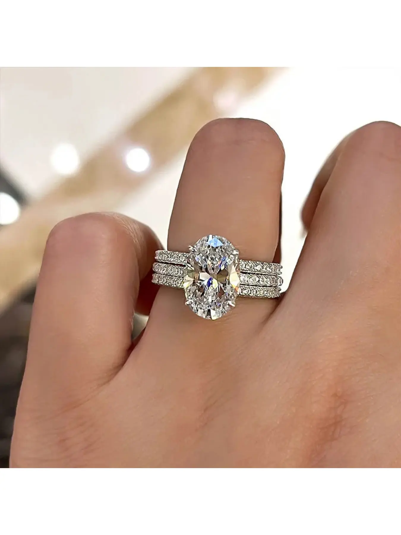 3PCS Oval Cut Cubic Zirconia Stackable Engagement Ring Set for Women, Silver Tone Full Pave Halo Wedding Band, Luxury Bridal Promise Eternity Ring Jewelry for Wedding Anniversary Gift