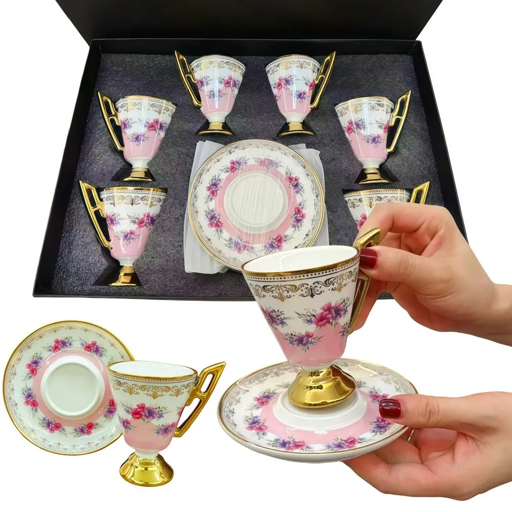 1/6Set European ceramic floral gold-plated coffee cup and plate set, Cups with saucers, Tea cups and saucers, espresso breakfast cup, matcha cup, couple cup, afternoon tea and home, garden, restaurant café, pink gold