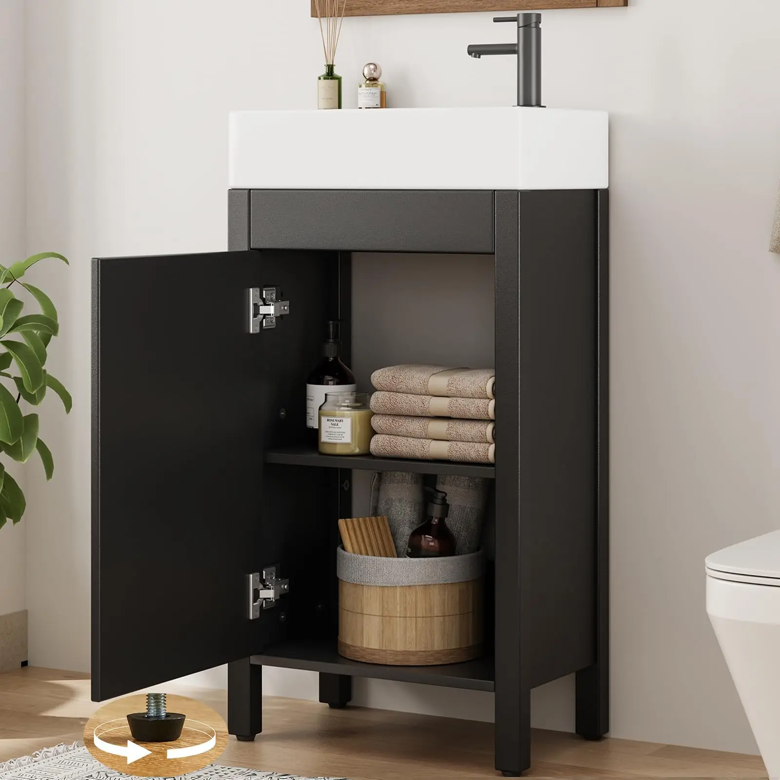 Garvee 16" Freestanding Bathroom Vanity with Ceramic Sink Combo, Compact Small Space Washbasin Cabinet with Soft-Close Door & 2-Tier Storage, Modern Dampproof Wood Organizer for Powder Rooms and Half Baths, Faucet Not Included, Multiple Colors Available