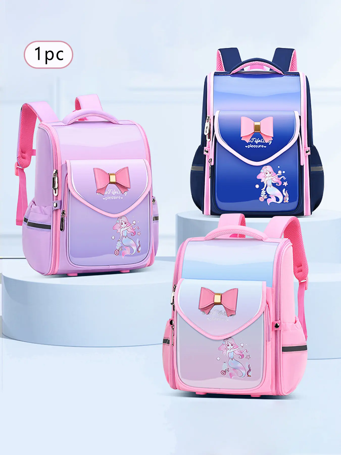 1Pc Gradient Glossy Mermaid Graphic Backpack Front Bow Ornament Mesh Padded Shoulder Straps Multi-layer Zip Compartments Side Mesh Bottle Slots for Campus Study Weekend Trips Daily Casual Outings