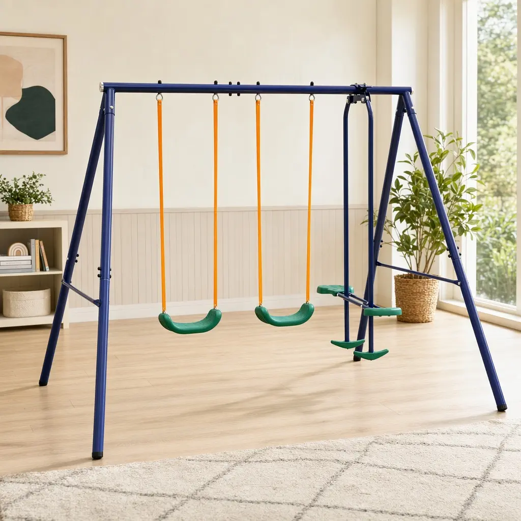 2-in-1 Kids Outdoor Swing Set with Belt Swing & Glider, 124" x 74" x 73", Durable Steel Frame, Weather-Resistant, Easy Assembly, Fits 2 Children