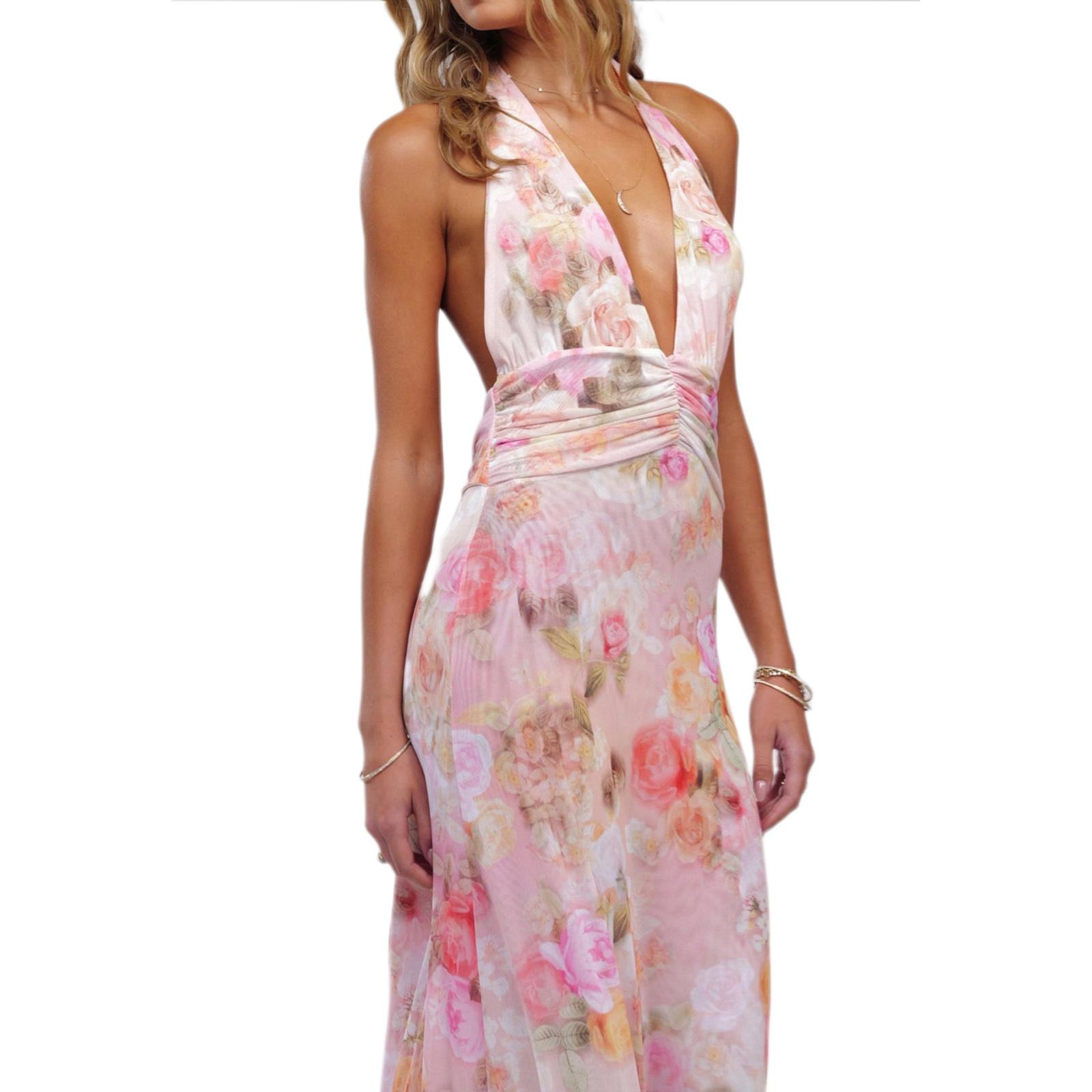 Women Long Dress, Sleeveless Halter Dress Backless Flower/Dots Print Summer Cocktail Dress