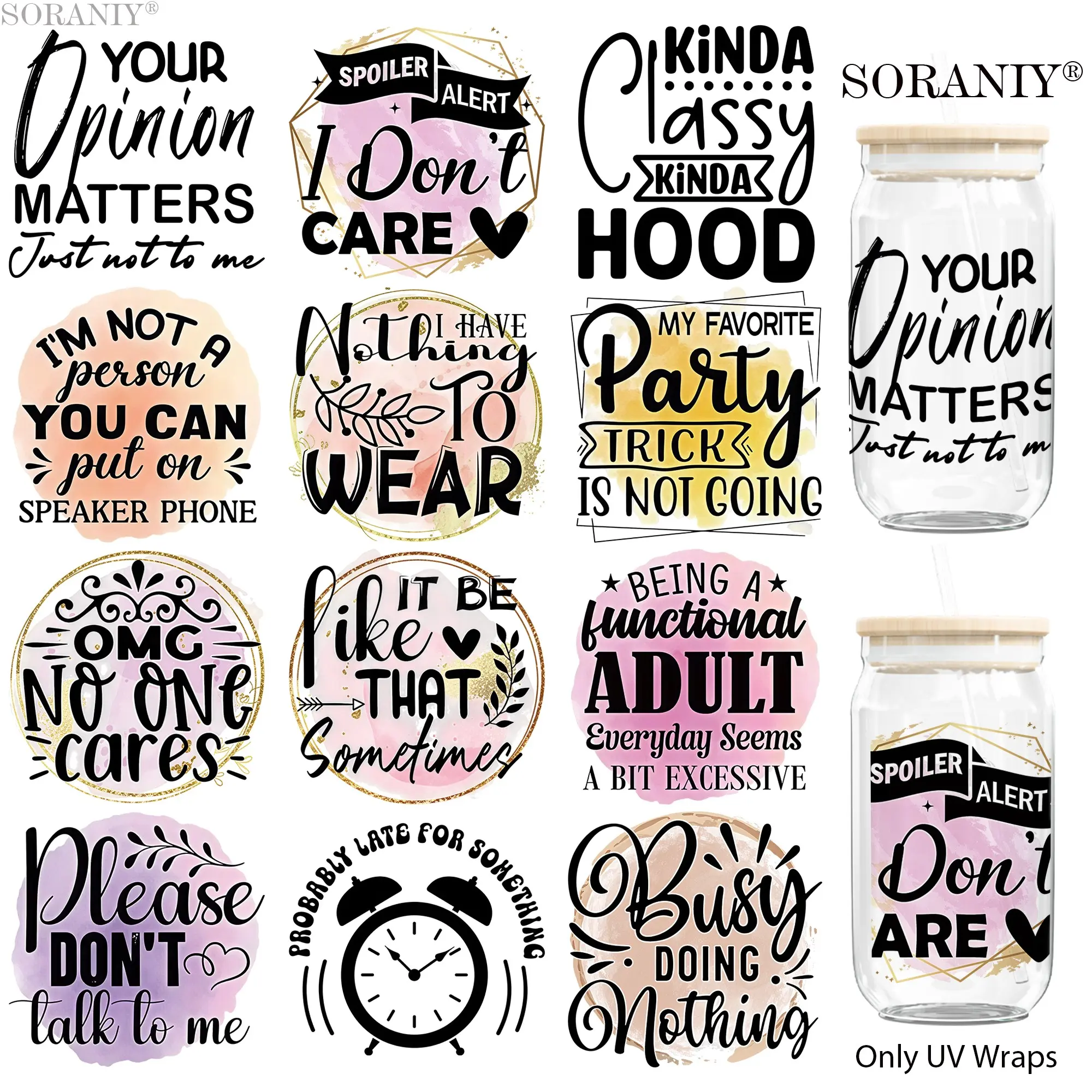 UV DTF Water Cup Sticker Set, 12 Pieces, Humorous Quotes, Waterproof, High Adhesive, DIY Transfer Paper, for Cups, Bottles, Furniture, Frames