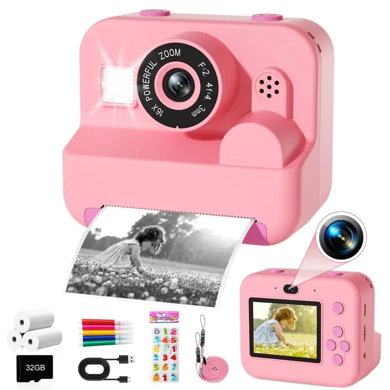 Polaroid instant camera, portable camera, 16x digital zoom HD digital camera, comes with 32GB SD card, perfect children's birthday gift