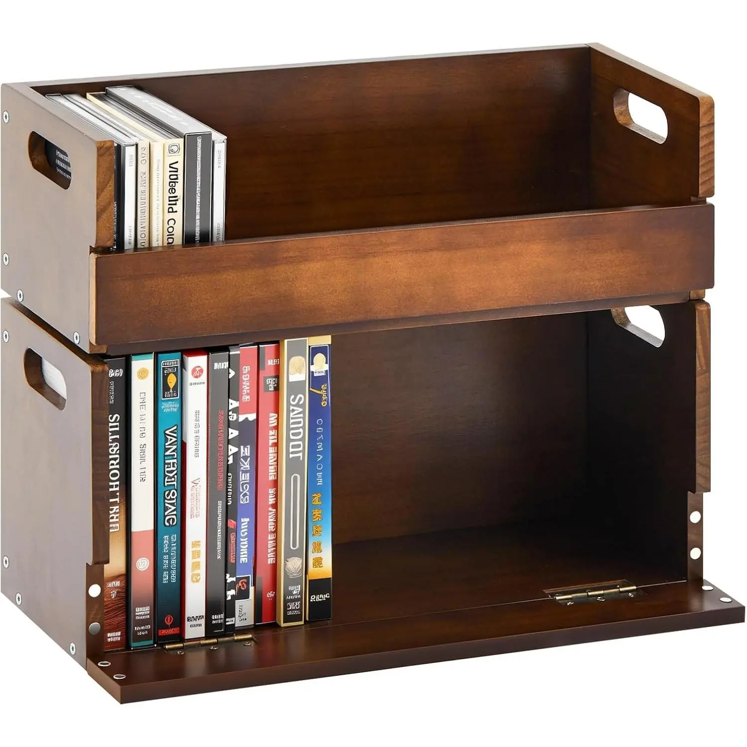 Brown Wooden Magnetic DVD/CD/Cassette Tape Storage Box Set (2 Pcs) with Carrying Handle, Organizer Rack Stand Shelf, Holds Up to 36 CDs & 26 DVDs for Movie Cases