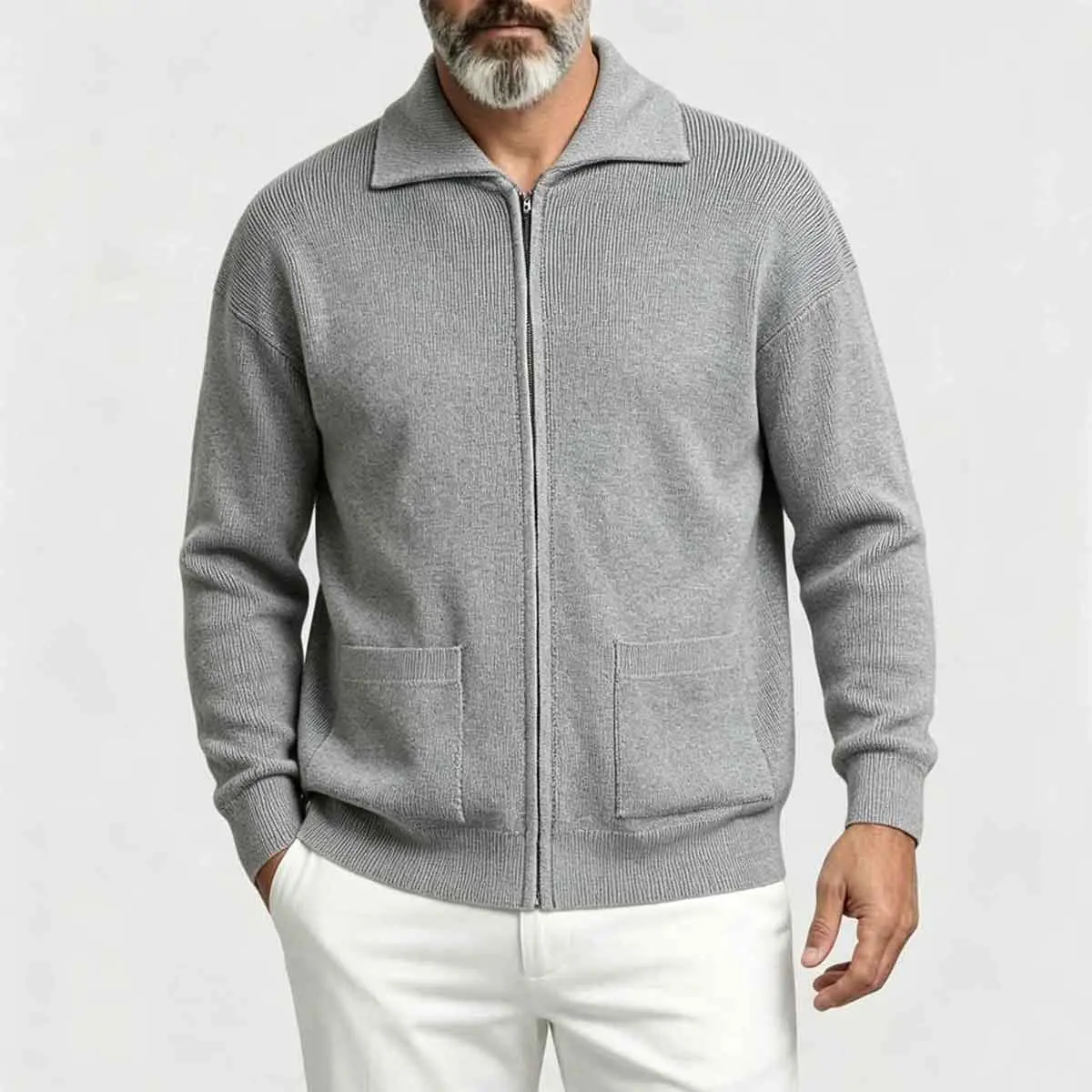 Men's Lapel Full Zip Knit Cardigan, Solid Gray Long Sleeve Zipper Sweater Jacket With Side Pockets, Loose Fit Casual Knitted Outerwear, Minimalist Basic Sweater Coat For Spring Autumn Business Daily Wear Unisex