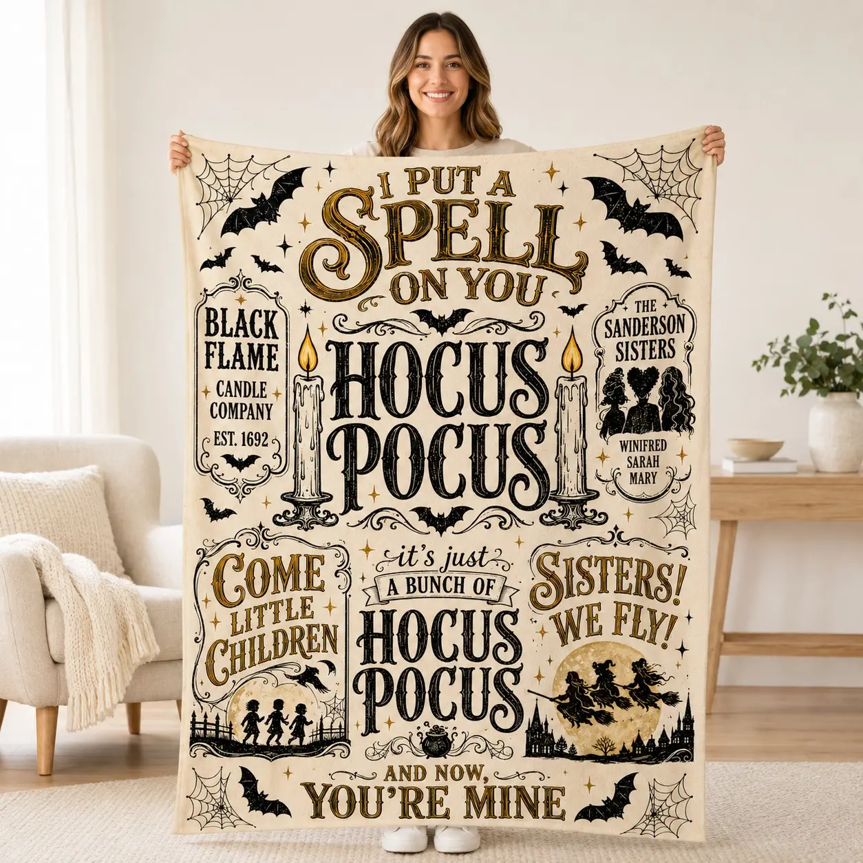 Hocus Pocus Halloween Blanket Flame Candle Vintage Throw Witchy Gothic Decor Fleece Cozy Fall Sofa Bed Gift