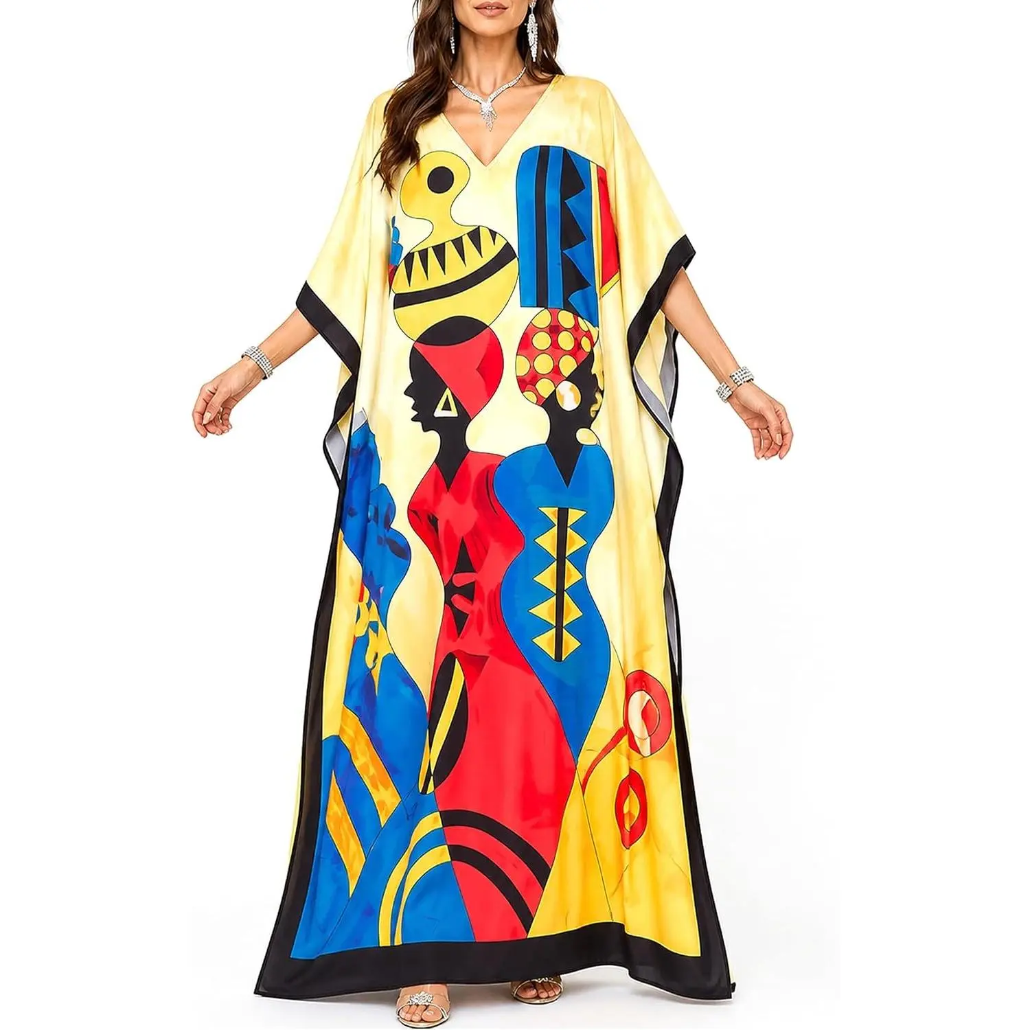Women's Plus Size Kimono Kaftan Maxi Dress with 3/4 Sleeve, Lightweight Polyester Loungewear with a Flowy Drape for Beach Cover Up, Day, Breathable