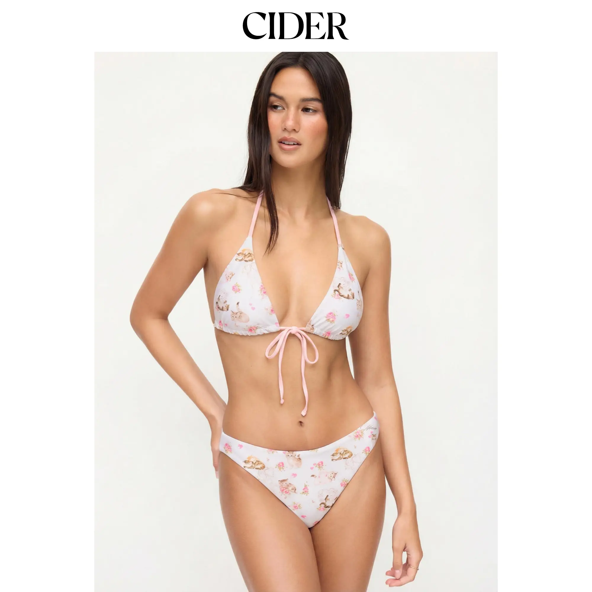 Cider Cat Graphic Halter Neckline Floral Triangle Bikini Set