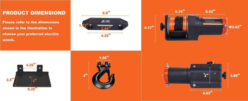 AC-DK 12V 2000-lb. ATV/UTV Electric Winch, Off-Road Synthetic Rope Winch for Trailer Boat RV Towing Winches, ATV/UTV Winch with Big Yellow Wired Remote and Winch Mounting Plate