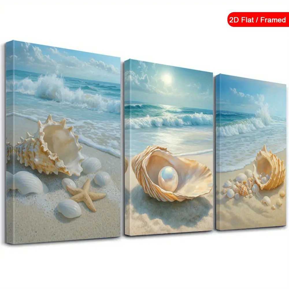 2D Flat,3-Piece Canvas Wall Art, Beach Conch Pearl Starfish Ocean Wave Landscape Print, Wooden inner frame, For Living Room Decor, Thanksgiving Gift