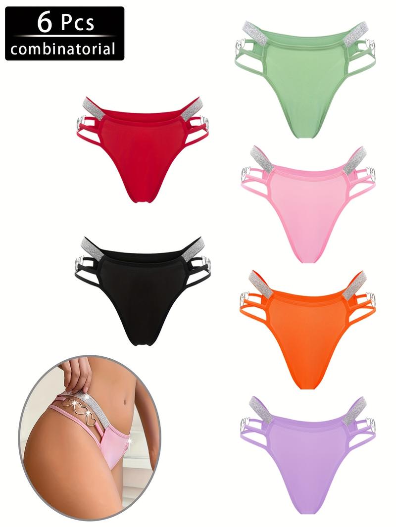 6 Pack Women's Sexy Heart-Shaped Chain Bikini Panties - Mixed Colors, Fashionable Soft Breathable Nylon Blend, Mature Elegant Low-Waist Design, Suitable for Parties and Romantic Dates Swim Knicker