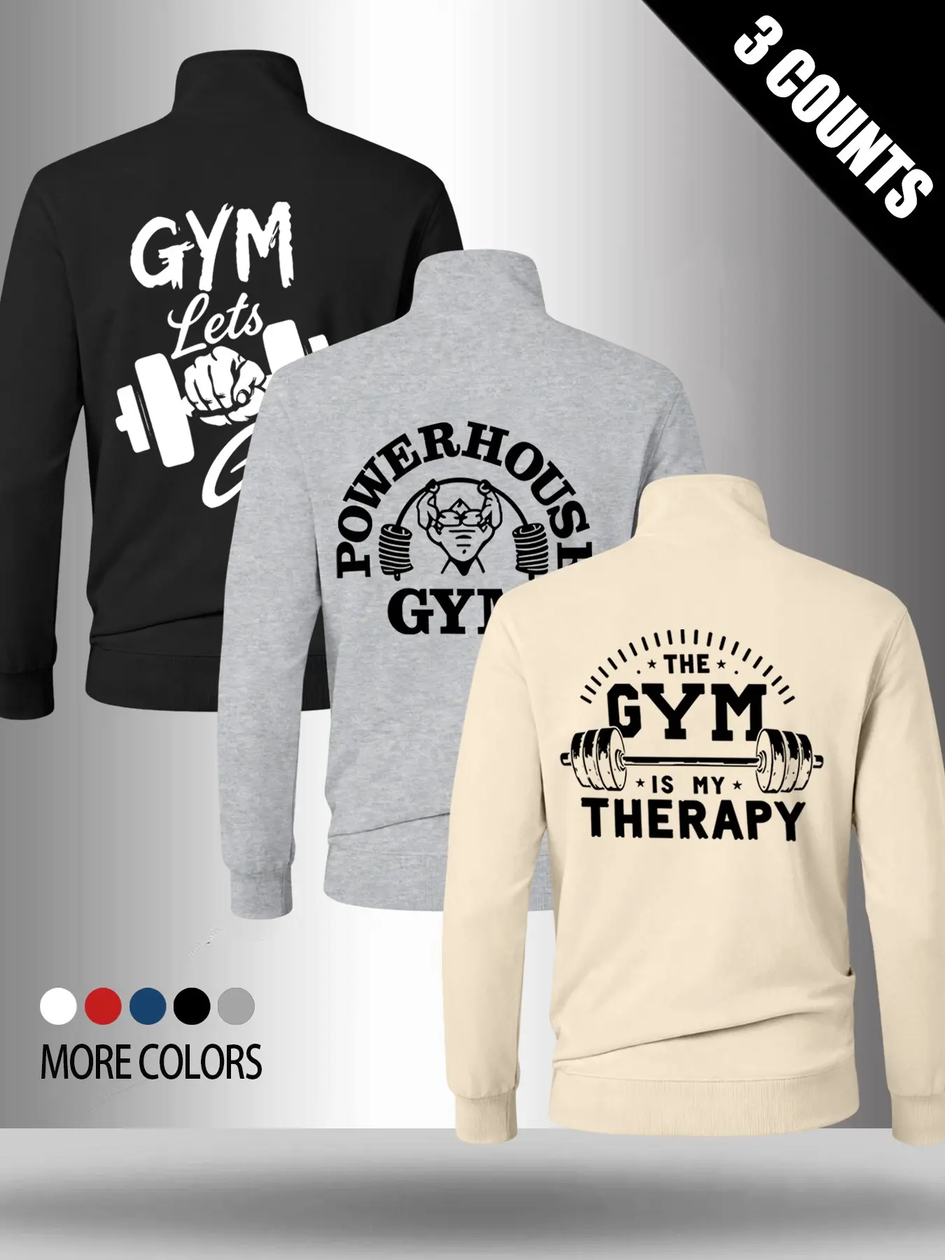 Three-Pack Gym Dumbbell Print Pullover Hoodies, Men's Loose-Fit Long Sleeve Athletic Tops, Fashionable Cleanfit Workout Wear