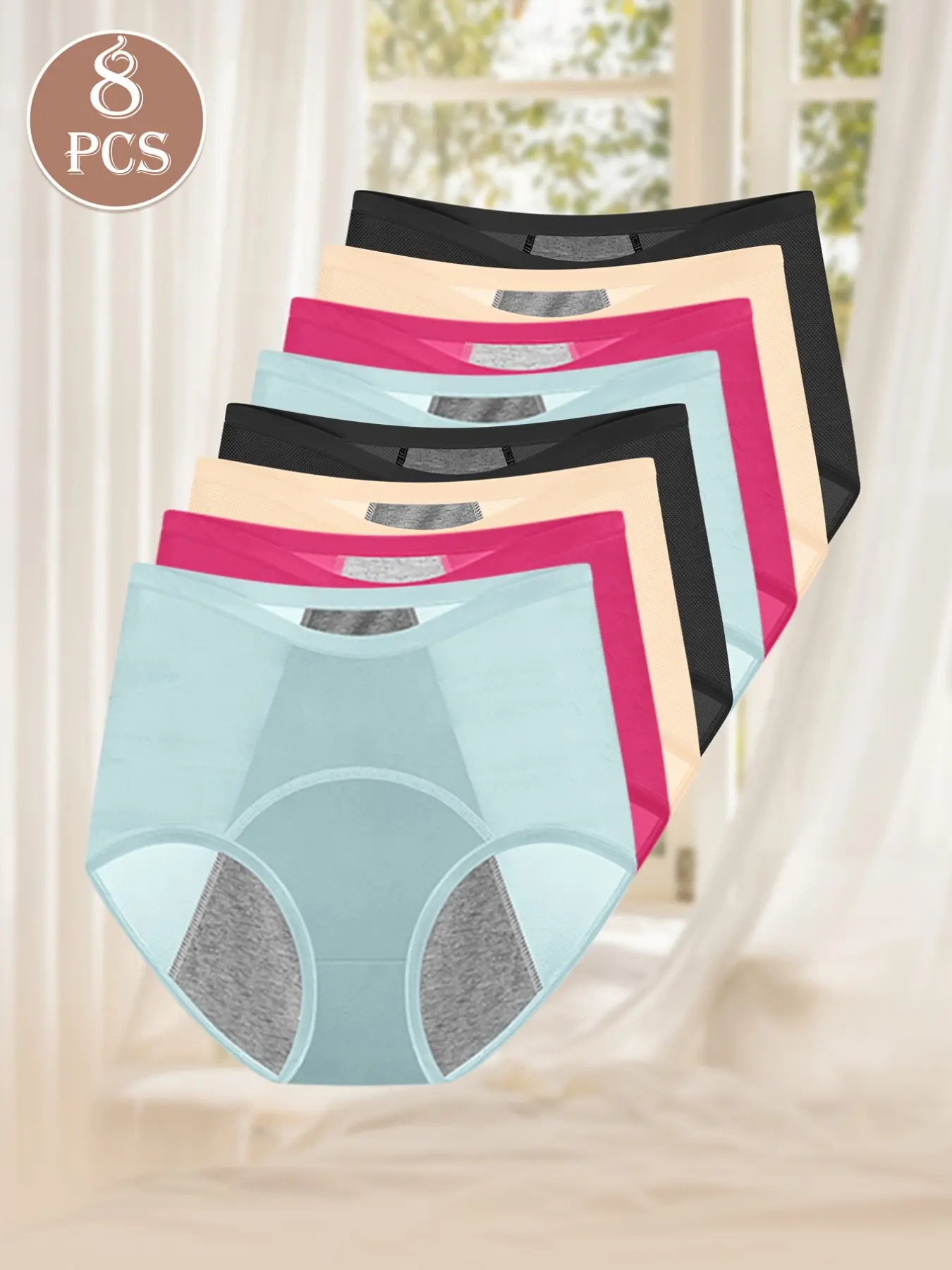 8-Pack High-Waist Casual Breathable Mesh Period Underwear, Slim-Fit Plain Design, Suitable for All Seasons, Women's Menstruation Panties