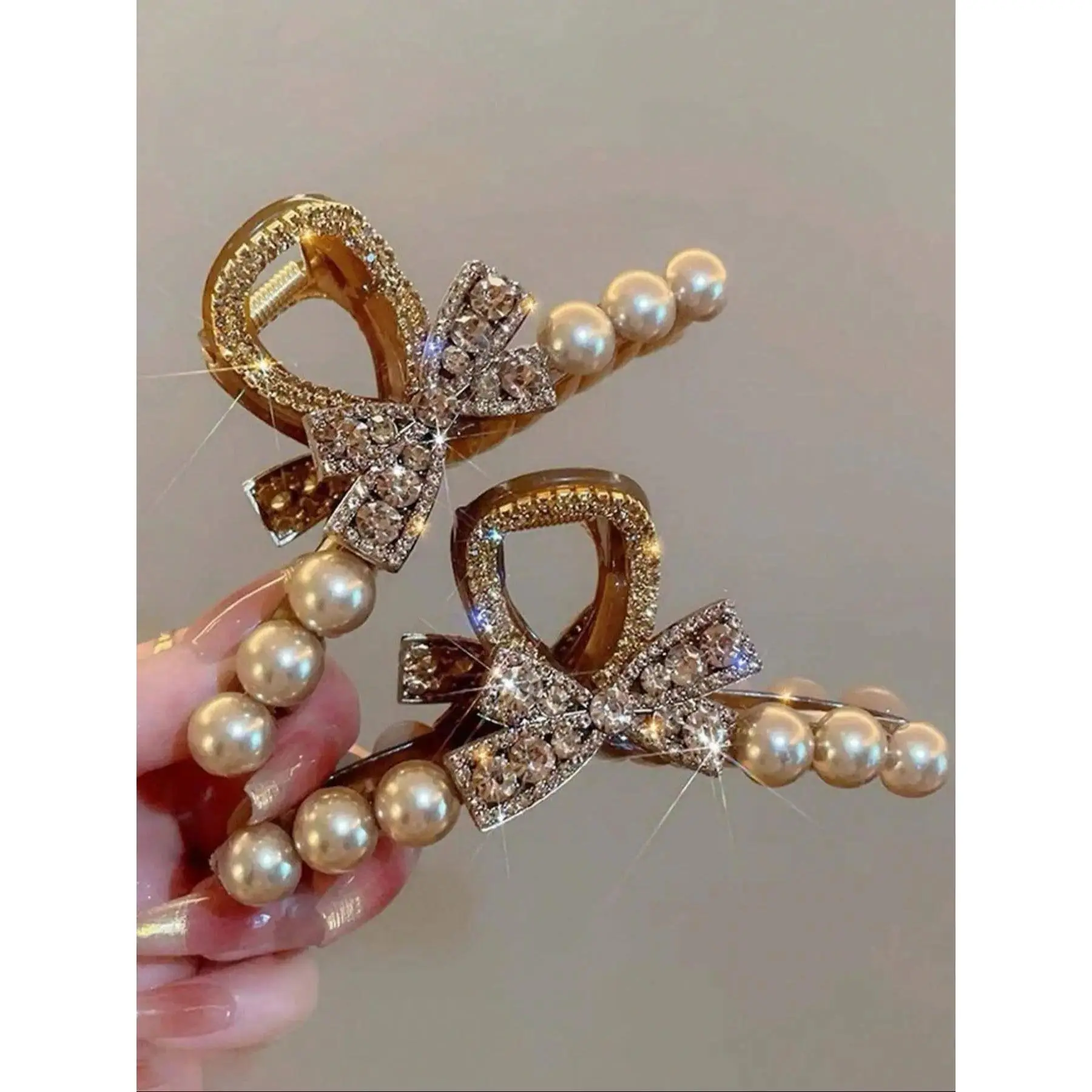 2pcs Faux Pearl & Rhinestone Decorated Hair Claws, Elegant Bow Design Hair Accessories for Women & Girls, Trendy All-match & Exquisite Hair Claws for Daily Use, Hair Clip, Hair Claws Set, Rhinestone Hair Clips