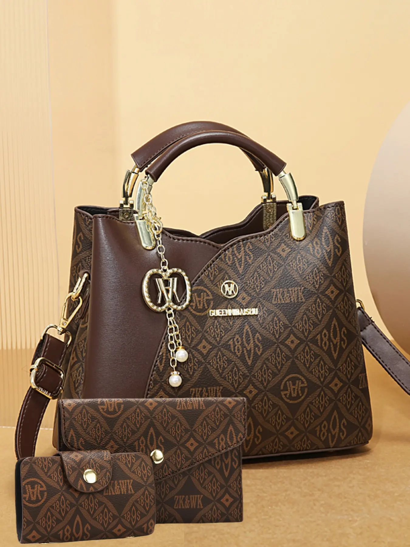 Vintage Print Three-Piece Women's Bag Set, Colorblock PU Crossbody Tote with Card Wallet, Casual All-Season Satchel