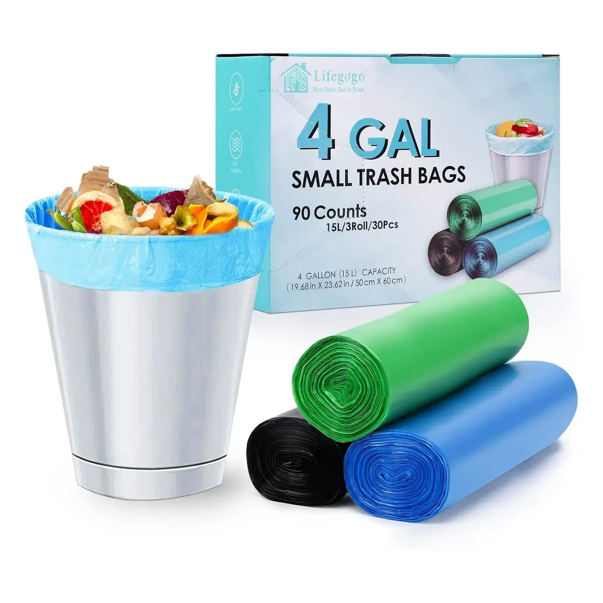 Small Trash Bags, 4 Gallon 90 Count Thick 15L Bathroom Garbage Liners, Unscented Tear-Resistant Wastebasket Bags for Office Bedroom Cat Litter