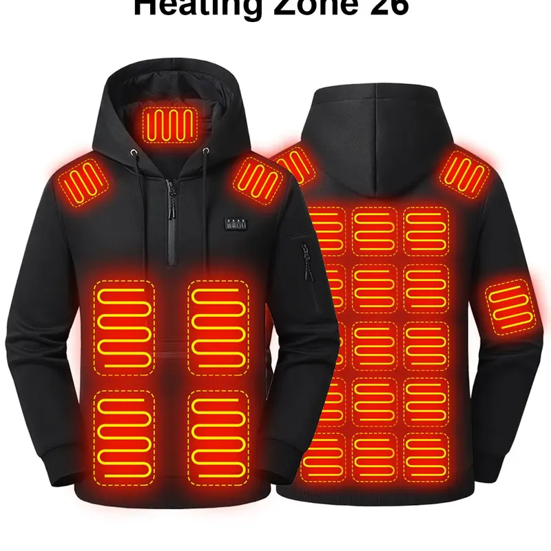 Men's 26 Heating Zones Half-Zip Heated Hoodie, USB Powered Electric Heating Pullover, Heating Panels on Hood, Shoulders, Back and Chest, Hooded Sweatshirt with Arm Zipper Pocket, Winter Warm Top (Power Bank NOT Included)