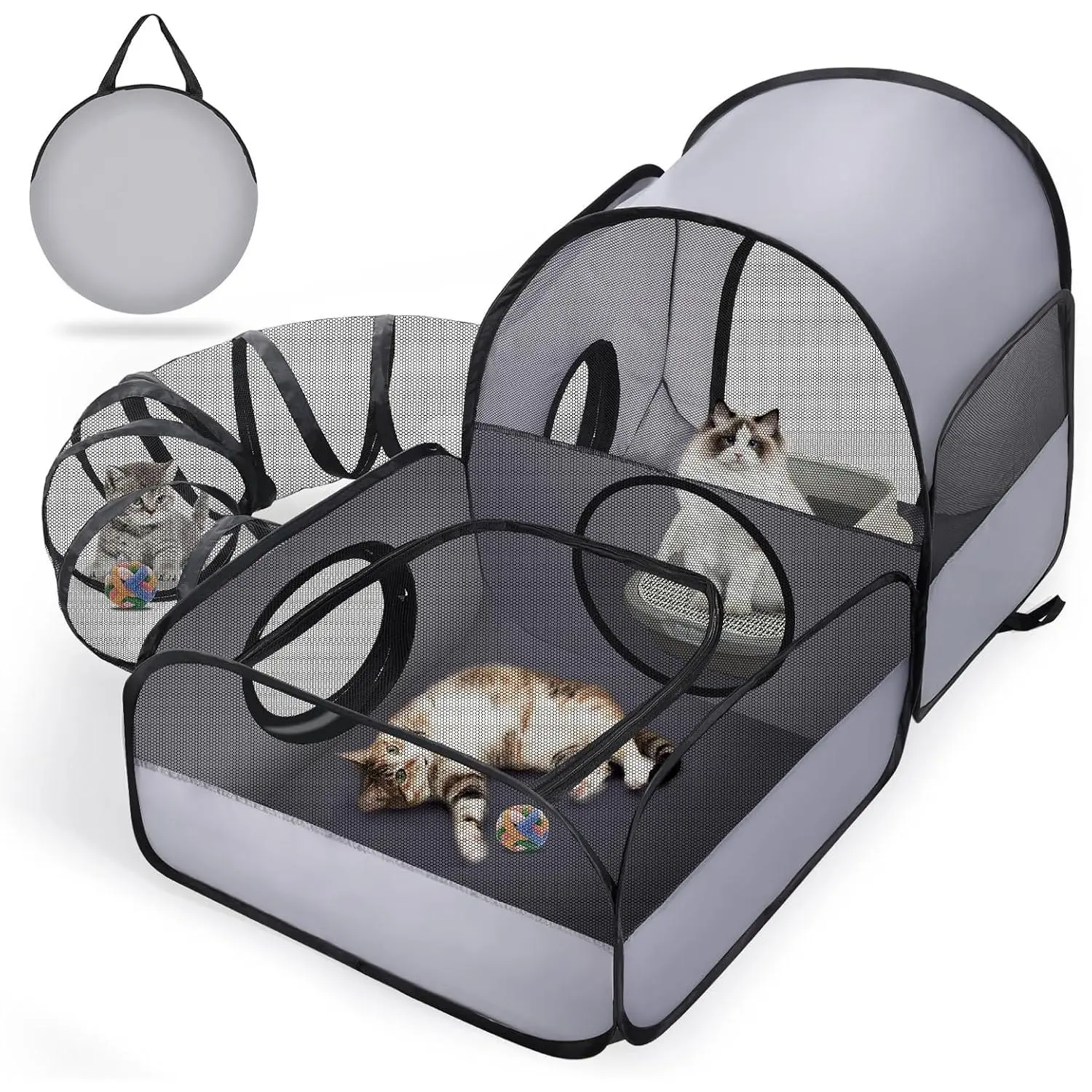 Portable Mesh Fabric Cat Playpen with Connect Tunnel, 2 Enclosed Spaces - Indoor/Outdoor Cat Tent