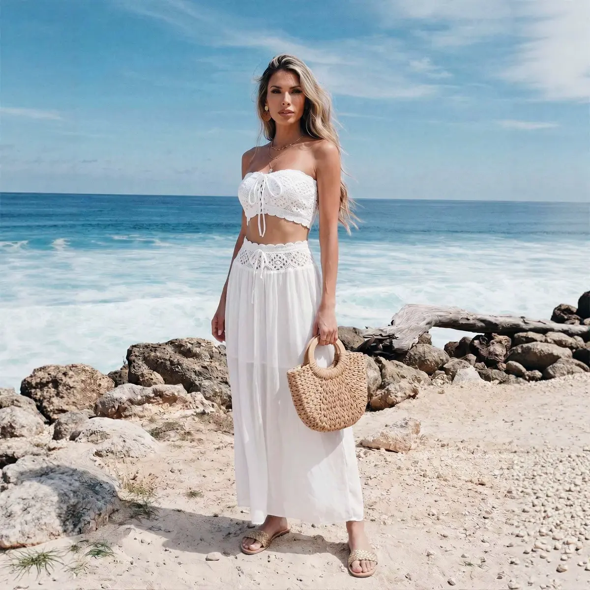 Women's Reversible Chiffon 2-Piece Beach Outfits Set - Tie-Waist Sleeveless Slip Dress + Hand-Crocheted Openwork Cover-Up for Seaside Vacation (Sports & Outdoor Clothing), Two Piece Set, Openwork Crocheted
