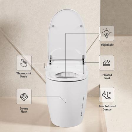 Heated Seat Smart Toilet, One Piece Toilet, Automatic Flush Tank Less Toilet without Bidet, with Foot sensor Flush, White Night Light, Knob Control, Power Outage Flushing, Soft Close Cover,White   WL
