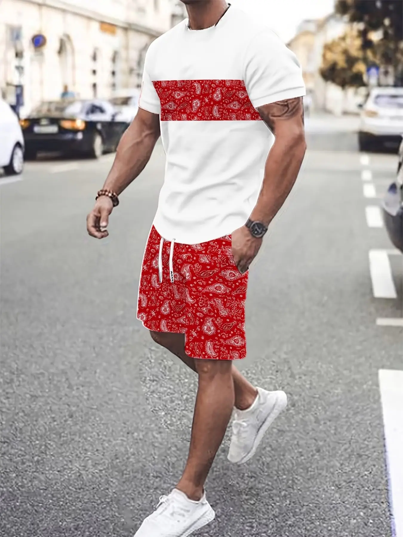 Summer Graphic Print Casual Set, Short Sleeve Tee + Gym Shorts for Men, Trendy Streetwear, Loose-Fitting, Regular Length