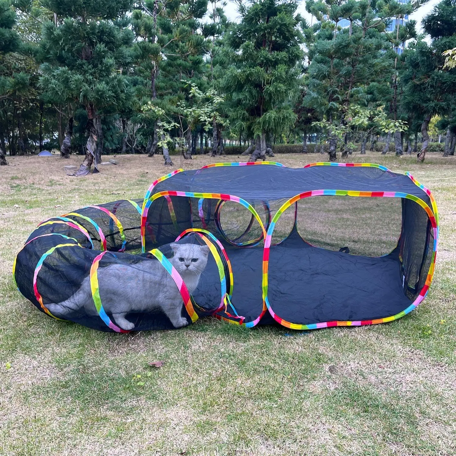 Portable 2-in-1 Outdoor Cat Enclosure - Detachable Mesh Catio Tent with Circle Playpen Tunnel, Breathable Durable Fabric, Compact Foldable Bag, Ventilation System for Beach Camping