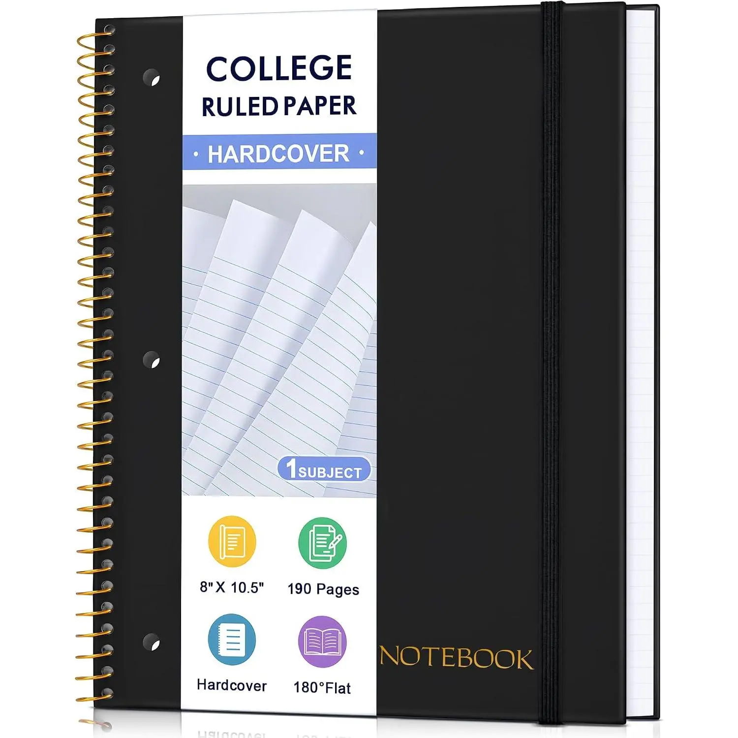 Spiral Notebook College Ruled Paper 8" x 10-1/2", 1 Subject Spiral Notebook, 3-Hole Punched Perforated Pages Ideal for School, Office, Writing, 95 Sheets Lined Journaling Notebook, Black