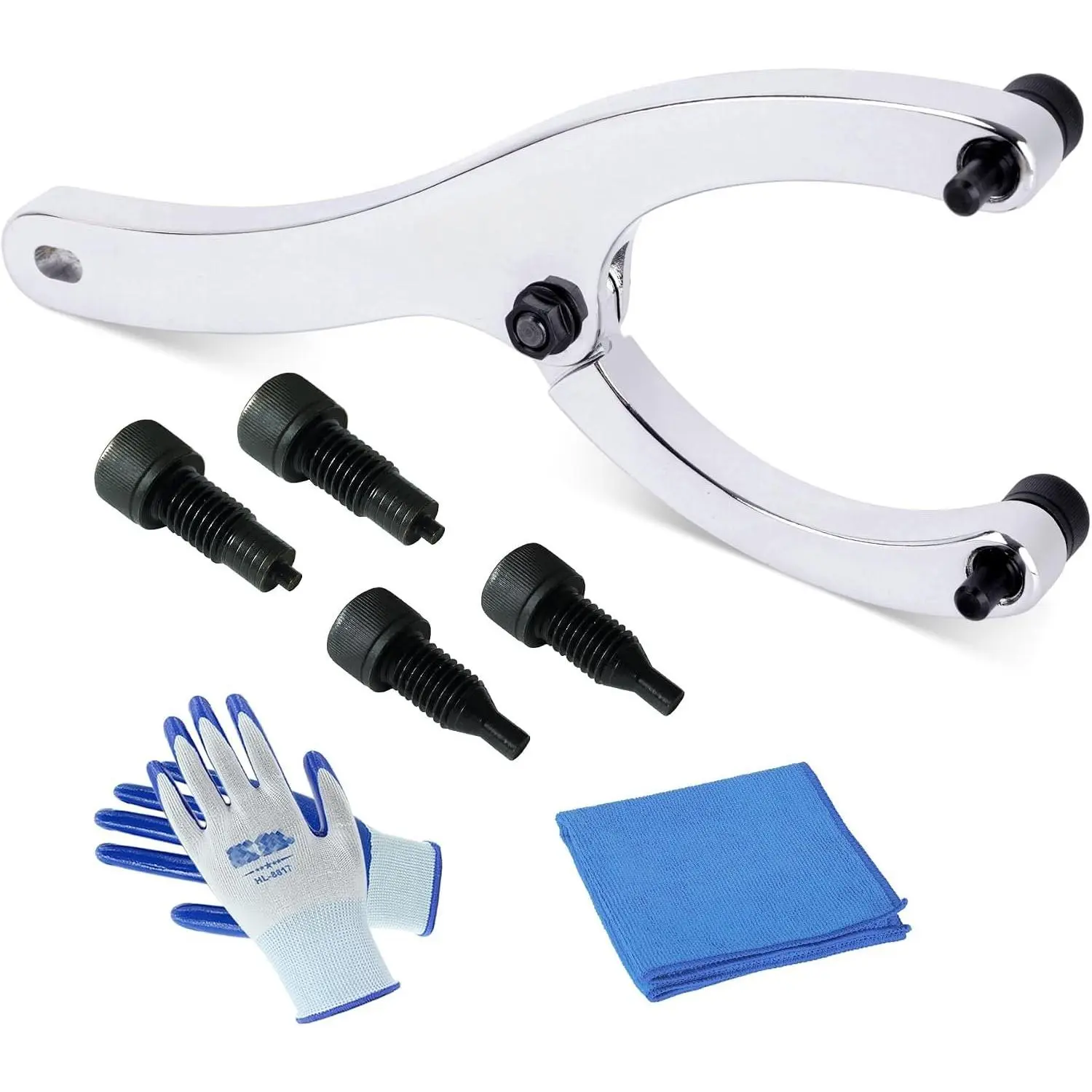 10-Inch Heavy Gland Nut Wrench with Handle, Adjustable Spanner Wrench for Removing Hydraulic Cylinder Glands Under 7 Inches, Includes 5/32", 1/4", 5/16", and 3/8" Pins, Gloves, and Towel