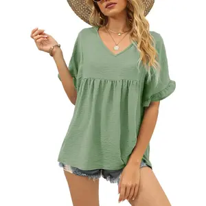 Womens Tops Casual V Neck Ruffle Sleeve T Shirts Babydoll Loose Fit Peplum Tops