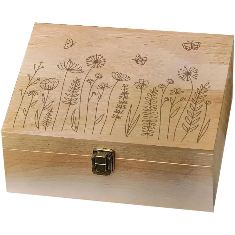Smooth Modern Metal Wildflower & Butterfly Memory Box Organiser - Compact Locking Lid Home Storage Chest, 1-Count, 9.6x7.6x4in (24.5x19.5x10.3cm) for Anniversary, Birthday Picture & Letter Storage